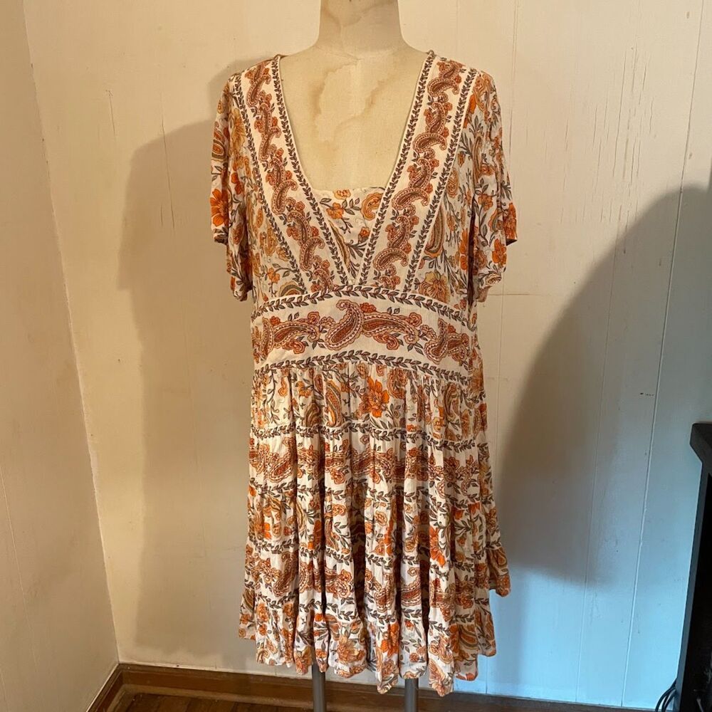 BILA BABY DOLL DRESS Tiered Skirt Paisley Floral Crinkle Rayon XL